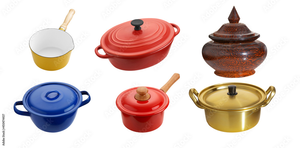 Group of enamel and wooden pot on white background Group of enamel and wooden pot on white background