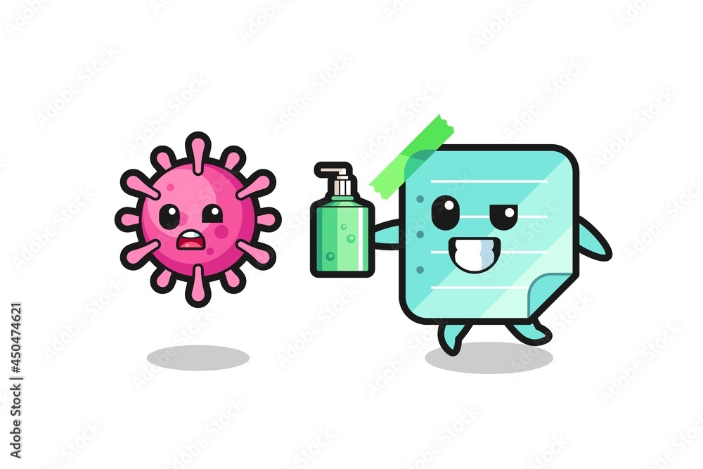 Fototapeta premium illustration of blue sticky notes character chasing evil virus with hand sanitizer