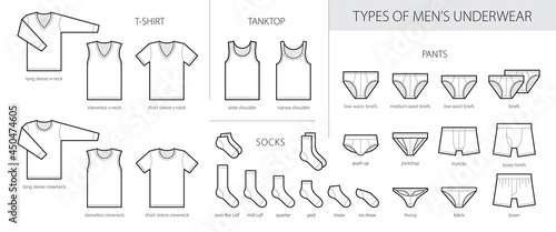Male underwear types flat thin line vector icons set. Man briefs fashion styles linear collection. Front view. Underclothes infographic elements. Classic briefs, boxers, trunks, bikini, strings, thong
