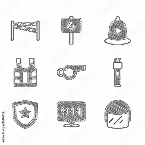 Set Whistle, Telephone call 911, Police helmet, electric shocker, badge, Bulletproof vest, British police and Crime scene icon. Vector