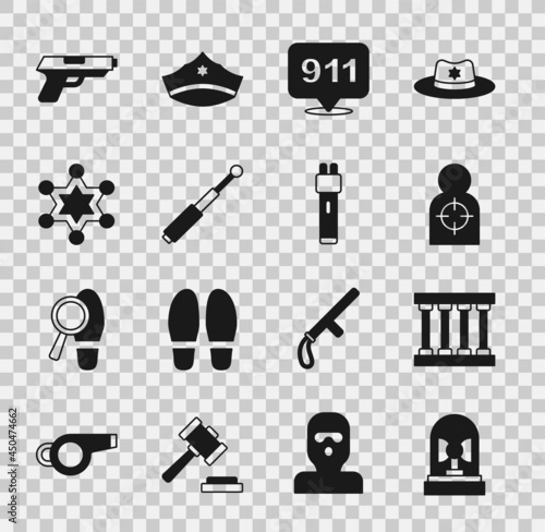 Set Flasher siren, Prison window, Human target sport for shooting, Telephone call 911, Telescopic baton, Hexagram sheriff, Pistol gun and Police electric shocker icon. Vector