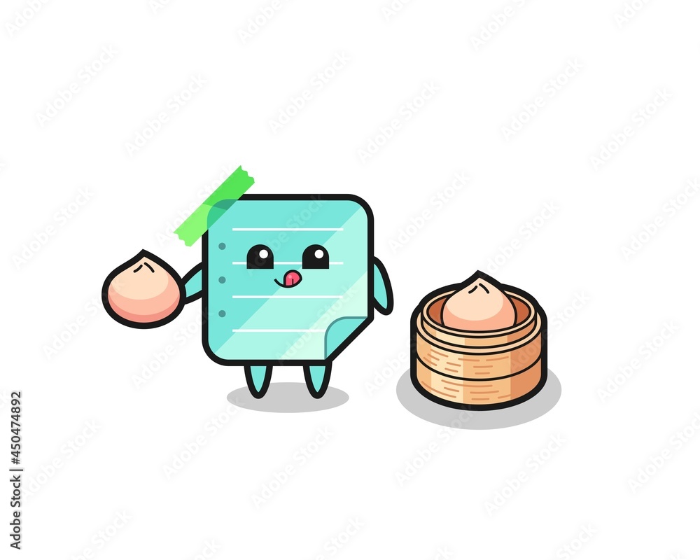 Fototapeta premium cute blue sticky notes character eating steamed buns