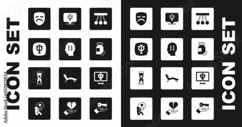Set Pendulum, Solution to the problem, Psychology, Psi, Drama theatrical mask, Sedative pills, Psychologist online and Old hourglass icon. Vector
