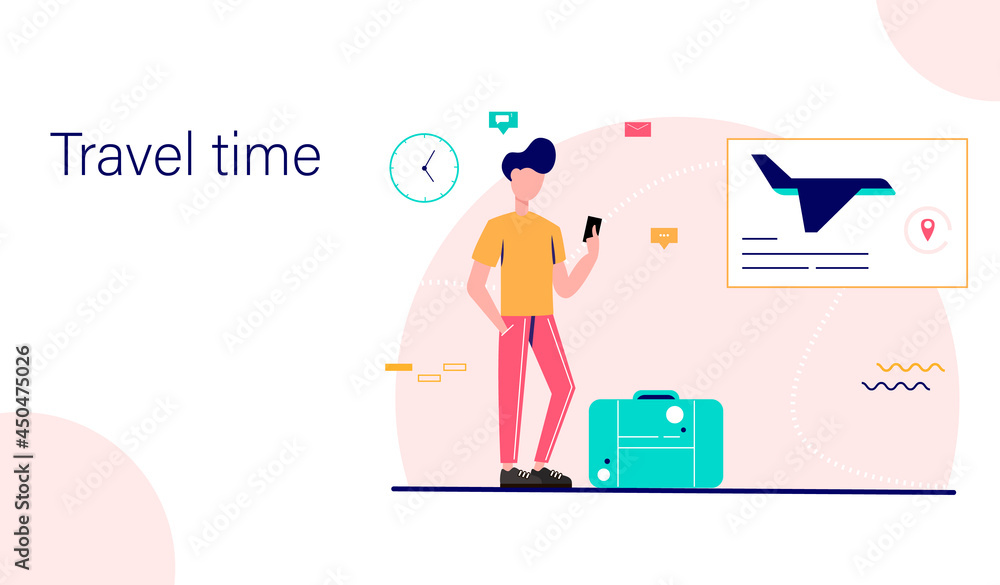 Landing page template. Man traveler waiting for departure. Waiting room interior. Vector illustration. Landing page template. Man traveler waiting for departure. Waiting room interior. Vector illustration.