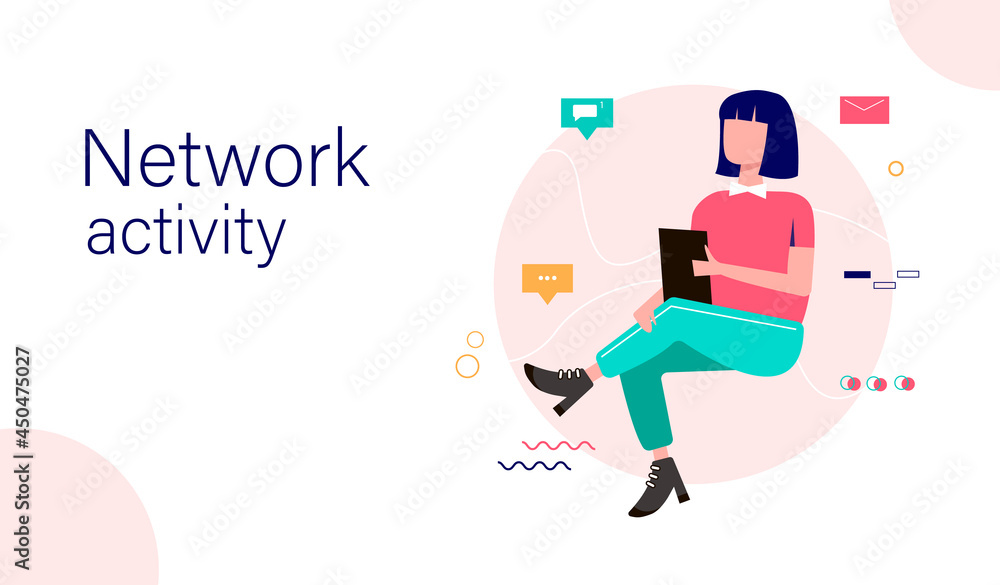 Network activity landing page template. Woman with smartphones and social media icons. Vector Illustration of communication using the Internet, video, news, social networks, messages, website. Network activity landing page template. Woman with smartphones and social media icons. Vector Illustration of communication using the Internet, video, news, social networks, messages, website.