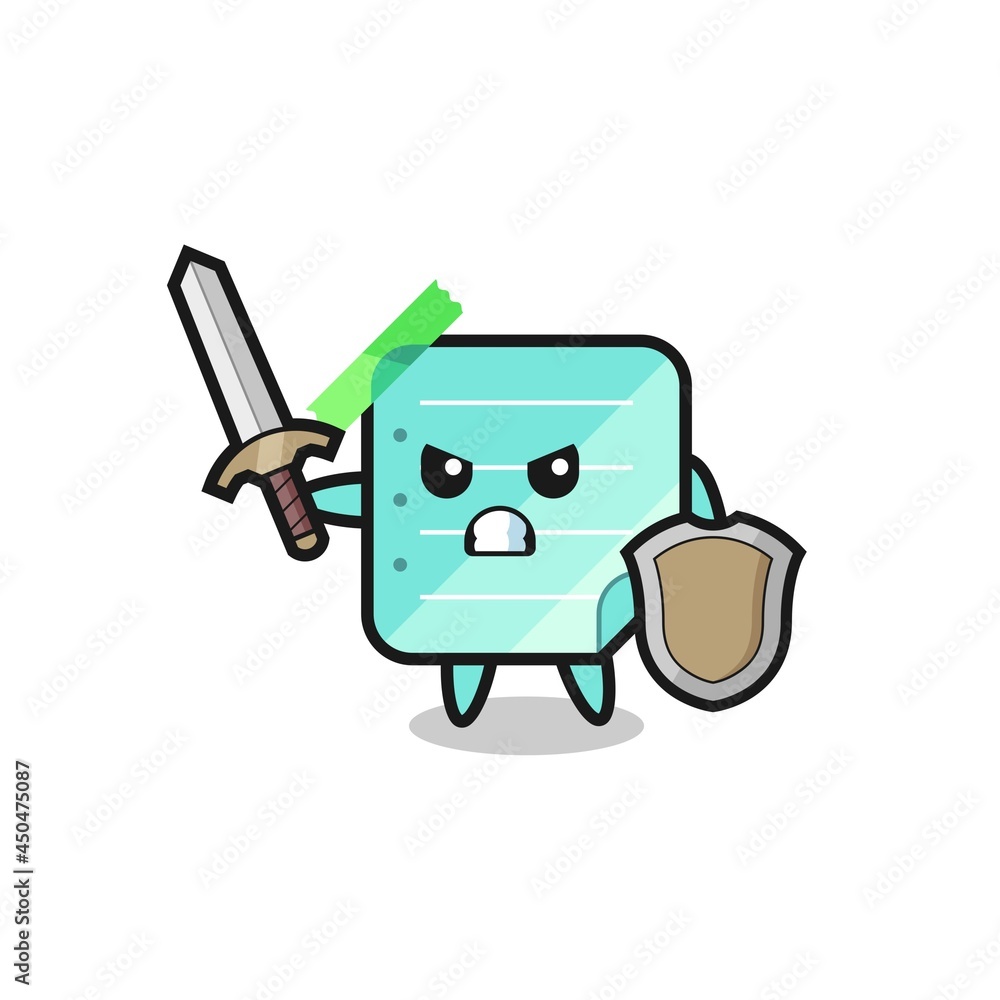 cute blue sticky notes soldier fighting with sword and shield
