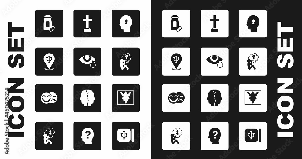 Set Solution to the problem, Tear cry eye, Psychology, Psi, Sedative pills, Head with question mark, Graves funeral sorrow, Rorschach test and Comedy and tragedy masks icon. Vector Set Solution to the problem, Tear cry eye, Psychology, Psi, Sedative pills, Head with question mark, Graves funeral sorrow, Rorschach test and Comedy and tragedy masks icon. Vector