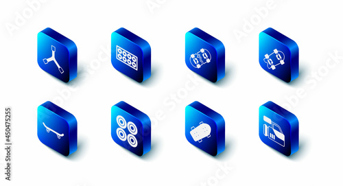 Set Skateboard wheel, Broken skateboard, Longboard or, Cinema camera, and Y-tool icon. Vector