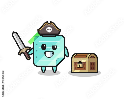 the blue sticky notes pirate character holding sword beside a treasure box