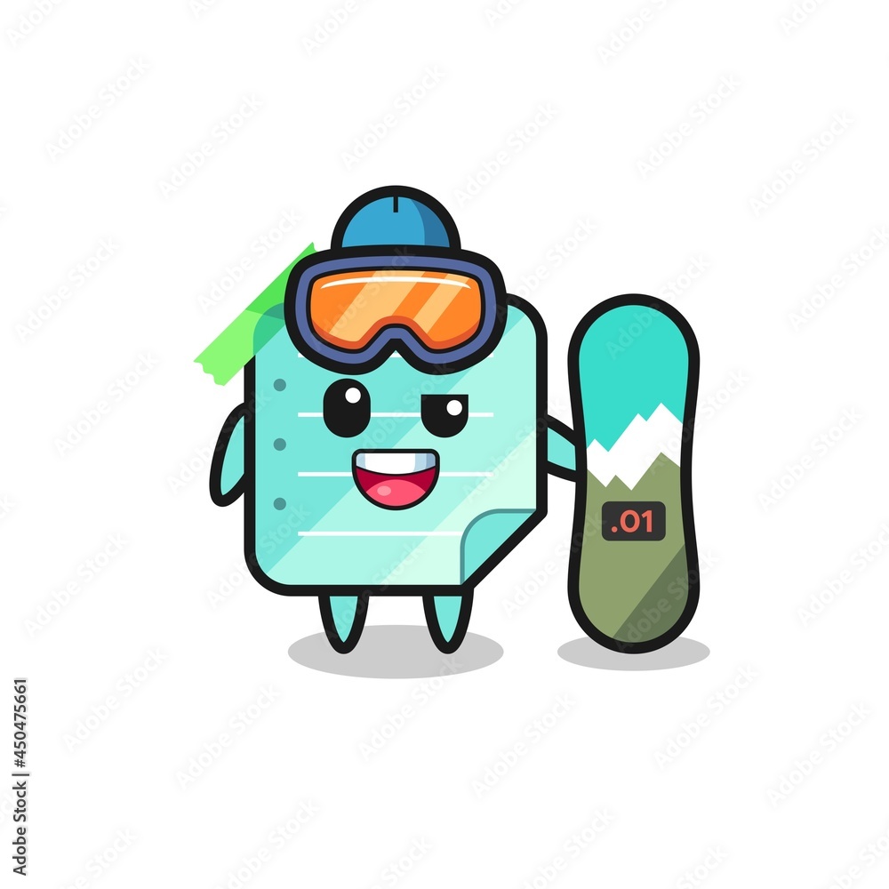 Illustration of blue sticky notes character with snowboarding style