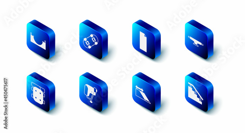 Set Skateboard, Grip tape on skateboard, wheel, stairs with rail, park, helmet, Knee pads and icon. Vector