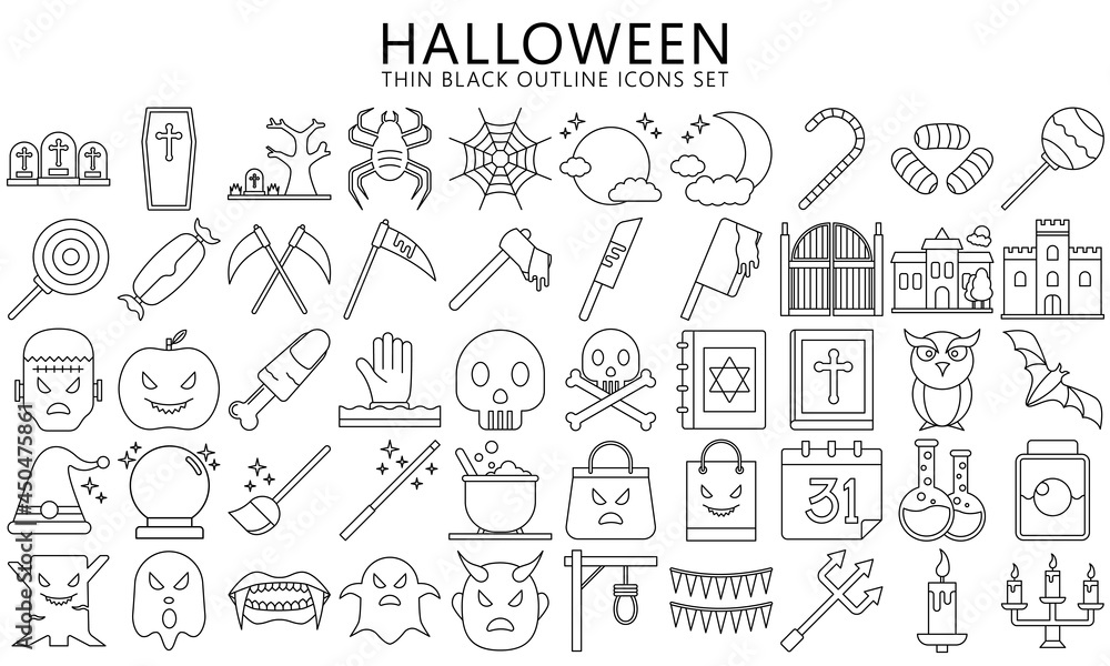 Halloween thin black outline Icons set, include ghost, candy, mask, skull, zombie, moon and others. Used for modern concepts, web, UI or UX kit and applications, EPS 10 ready convert to SVG