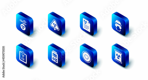 Set Triangle with radiation, Radiation warning document, Nuclear reactor worker, Radioactive waste barrel, Power button, Dosimeter, and icon. Vector