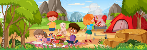 Outdoor horizontal scene with family picnic at the park