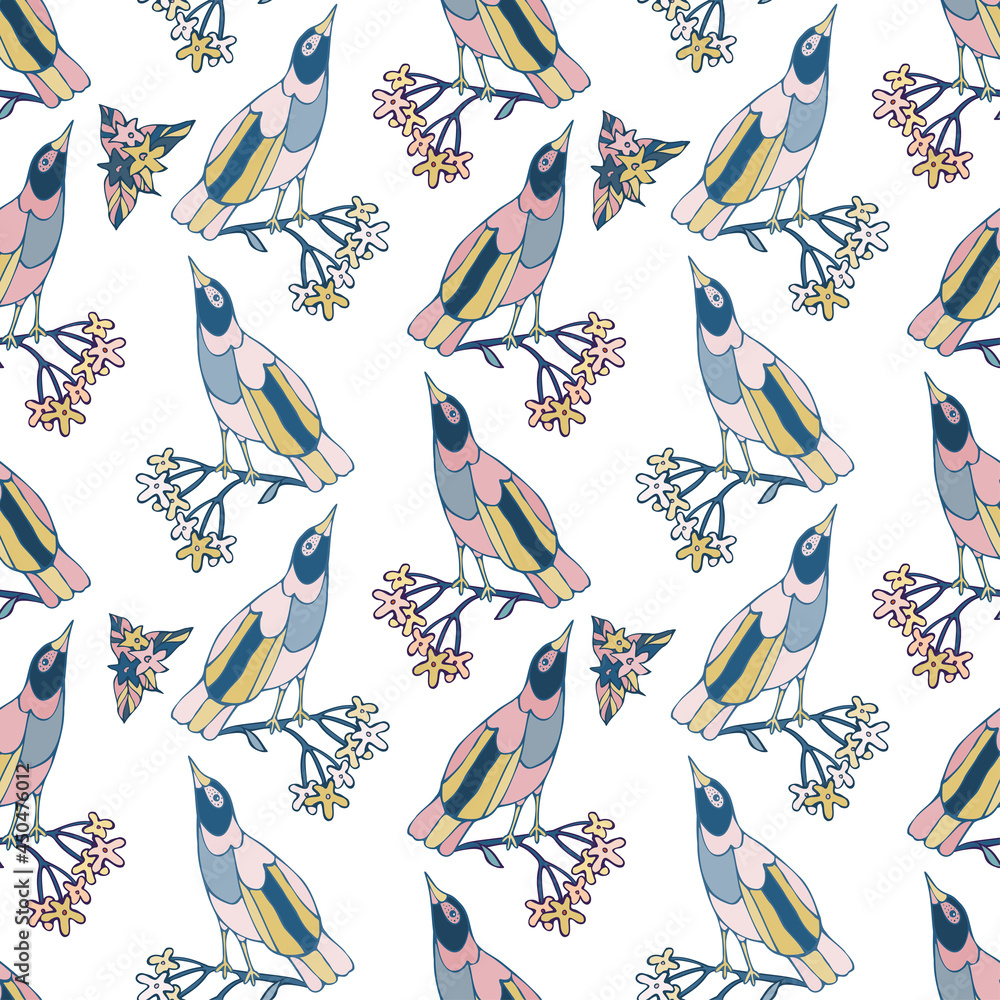 Seamless vector design with cute decorative birds with autumn leaves in pastel tones Seamless vector design with cute decorative birds with autumn leaves in pastel tones