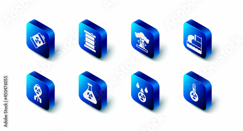 Set Radioactive waste in barrel, Nuclear explosion, Wastewater, Meteorology thermometer, Acid rain and radioactive cloud, Test tube radiation, bomb and energy battery icon. Vector