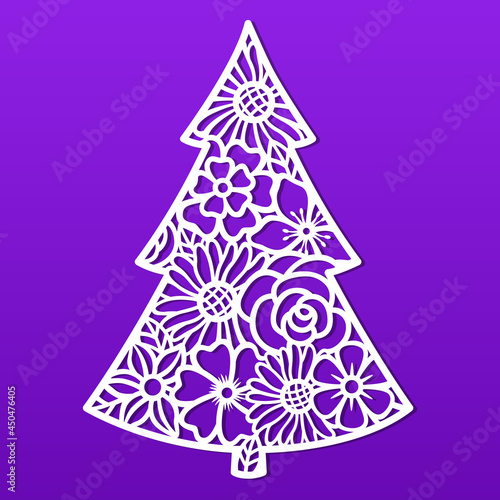 Christmas vector tree with flowers. Floral template for laser, paper cutting. Decorative ornate illustration. Silhouette for cards, flyers, print. Modern design for winter holidays. Home decoration.