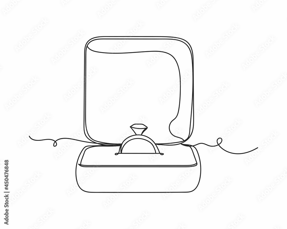 Continuous one line drawing of diamond engagement ring in box in