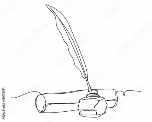 Continuous one line drawing of ink well with feather and old paper in silhouette on a white background. Linear stylized.Minimalist.