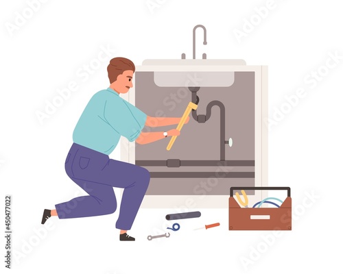 Plumber repairing plumbing, fixing pipe leak under sink. Worker installing tube. Home master working with pipeline. Flat vector illustration of repairman at work isolated on white background