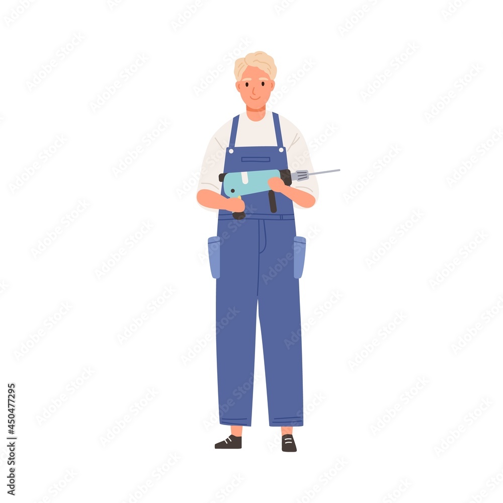 Man worker holding electric drill tool for repair. Portrait of happy builder in uniform. Smiling handyman in overalls. Repairman with instrument. Flat vector illustration isolated on white background Man worker holding electric drill tool for repair. Portrait of happy builder in uniform. Smiling handyman in overalls. Repairman with instrument. Flat vector illustration isolated on white background