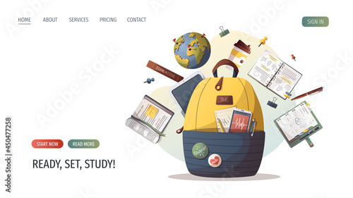 Backpack and study supplies. Studying, education, learning, back to school, student, stationery concept. Vector illustration for poster, banner, website, advertising.
