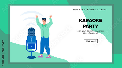 On Karaoke Party Resting Young Man Singer Vector. Happy Boy Singing Song In Microphone Electronic Device On Karaoke Party. Character Enjoying Entertainment Fun Time Web Flat Cartoon Illustration