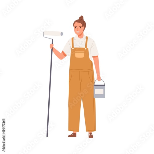 Wall painter standing with paint bucket and roller. Portrait of happy smiling female worker holding tools. Woman in overalls from repair service. Flat vector illustration isolated on white background