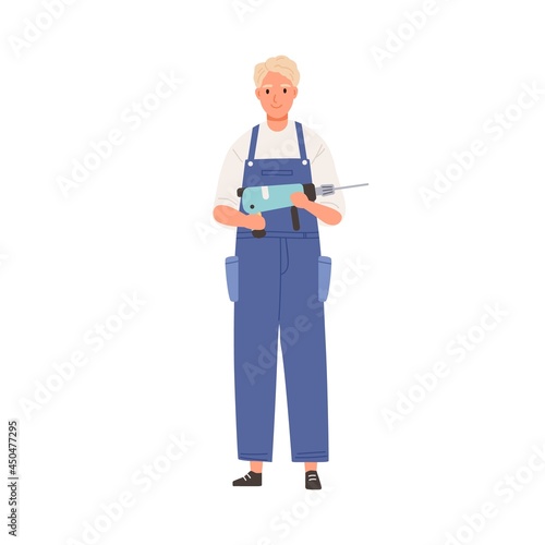 Man worker holding electric drill tool for repair. Portrait of happy builder in uniform. Smiling handyman in overalls. Repairman with instrument. Flat vector illustration isolated on white background