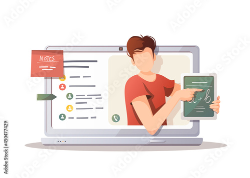 Laptop with teacher on the screen. Studying, Online training, distance education, e-learning, tutorials and courses. Isolated Vector illustration for poster, banner.