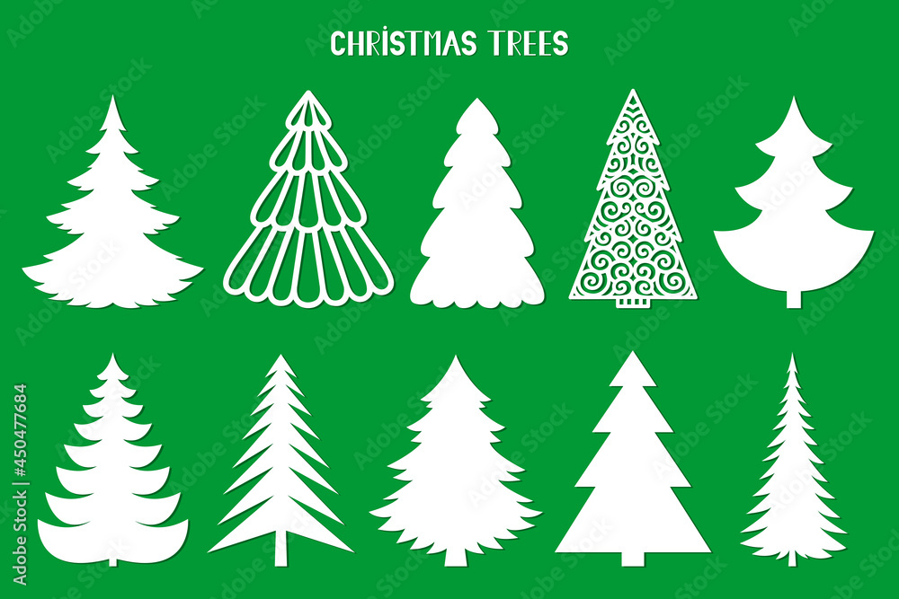Obraz premium Christmas tree silhouette. Vector set template for laser, paper cutting. Decorative ornate illustration. Trees for cards, flyers, print. Modern design for winter holidays. Home decoration.