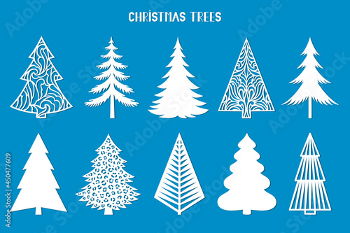 Christmas tree silhouette. Vector set template for laser, paper cutting. Decorative ornate illustration. Trees for cards, flyers, print. Modern design for winter holidays. Home decoration.