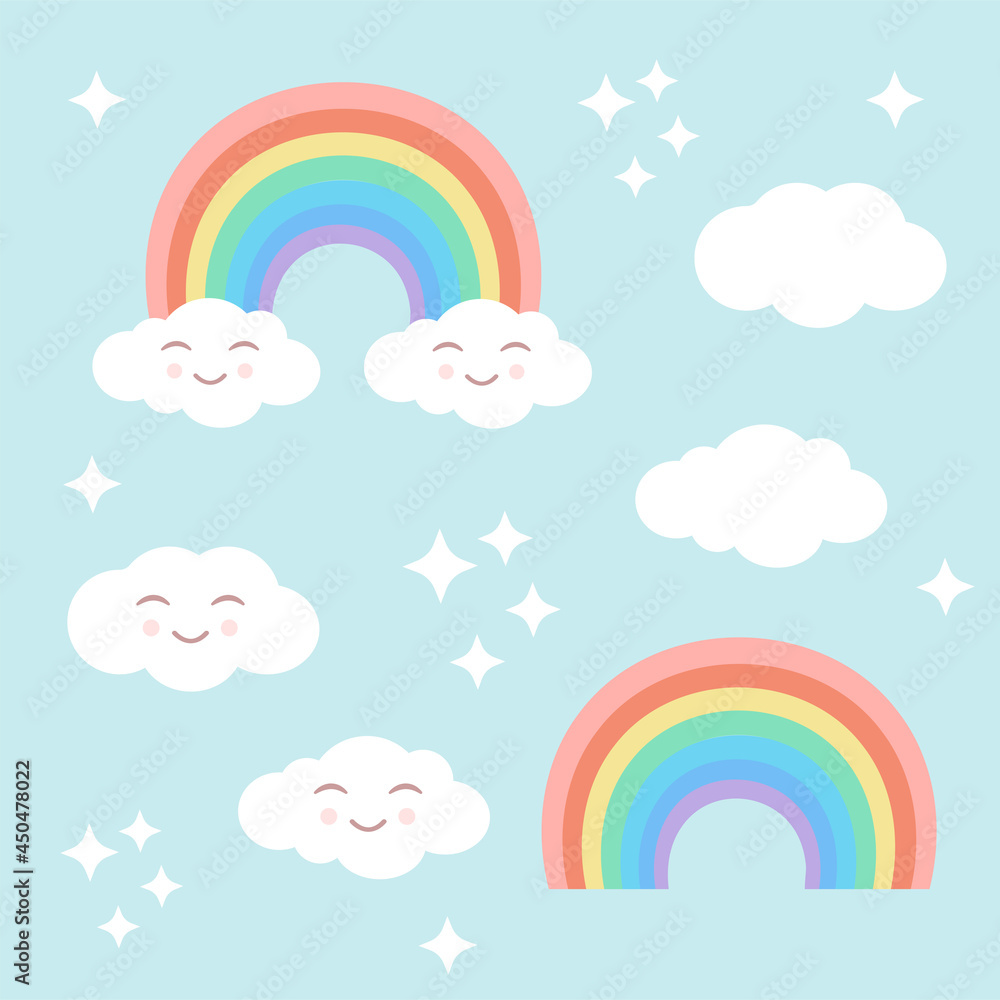 Pastel set with rainbow, clouds and stars on a blue isolated background. Vector illustration for fabrics, textiles, textures, wallpapers, posters, stickers. Children's fun print.