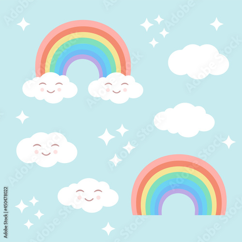 Pastel set with rainbow, clouds and stars on a blue isolated background. Vector illustration for fabrics, textiles, textures, wallpapers, posters, stickers. Children's fun print.