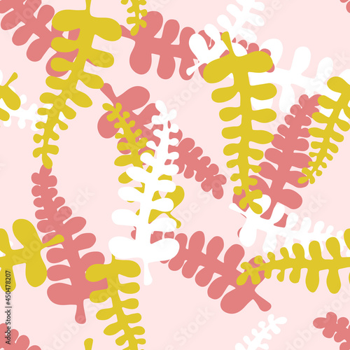 Vector Illustration Hand drown of pink yellow white fern leaves. Seamless pattern