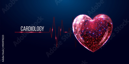 Cardiology concept banner. Wireframe low poly style red heart.   Abstract modern 3d vector illustration on dark blue background.