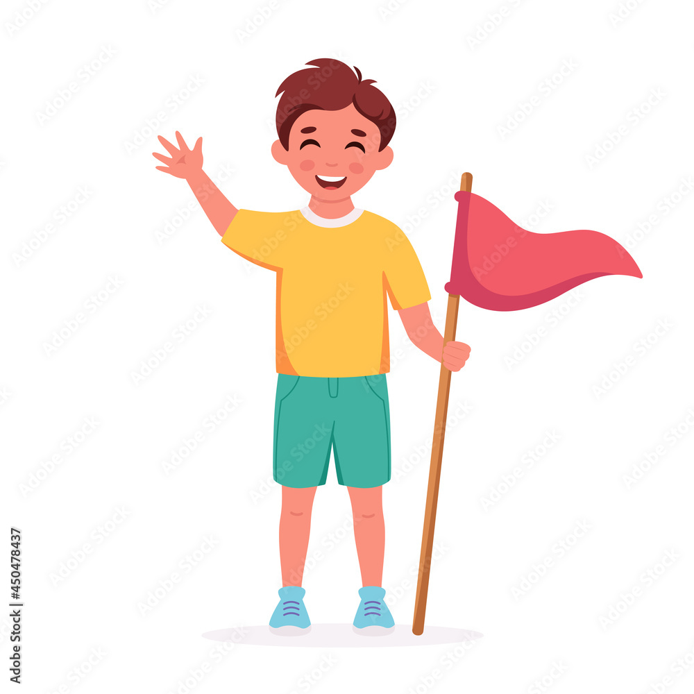 Boy with camp flag. Boy scout. Camping, summer kids camp concept. Vector illustration Boy with camp flag. Boy scout. Camping, summer kids camp concept. Vector illustration