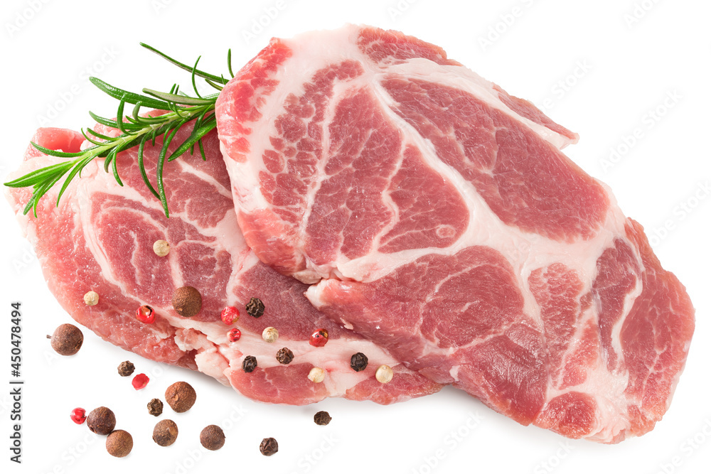 Fototapeta premium sliced raw pork meat with rosemar and peppercorn isolated on white background. Clipping path and full depth of field