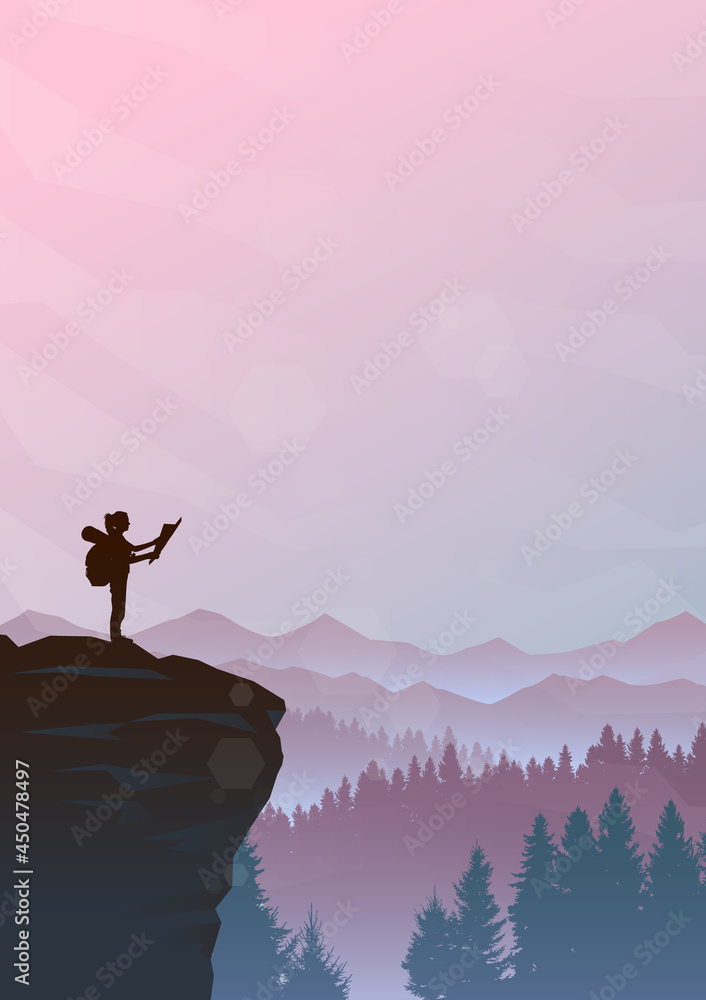 The girl on top of the mountain looks at the map. Hiking. Adventure. Travel concept of discovering, exploring and observing nature. Polygonal minimalist graphic flat design illustration.