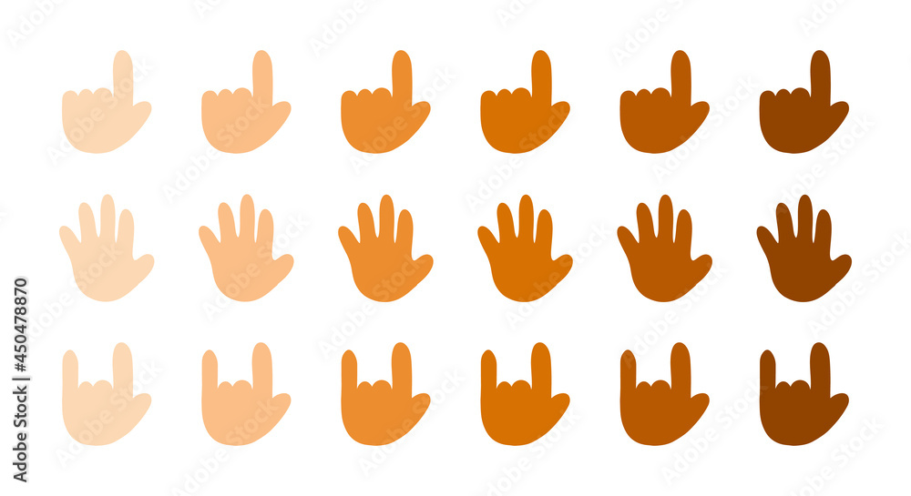 Cute cartoon style people’s hands icons with variety of skin tones showing different gesture.
