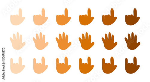 Cute cartoon style people’s hands icons with variety of skin tones showing different gesture. 