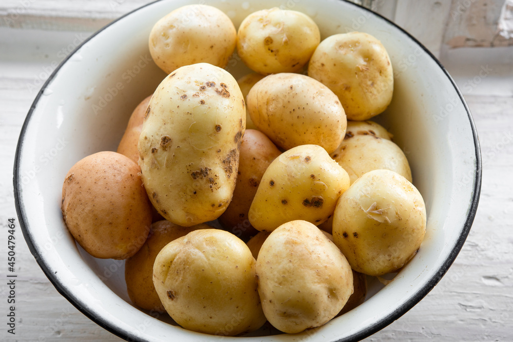 Fresh raw washed organic potatoes in bowl at window sill Fresh raw washed organic potatoes in bowl at window sill