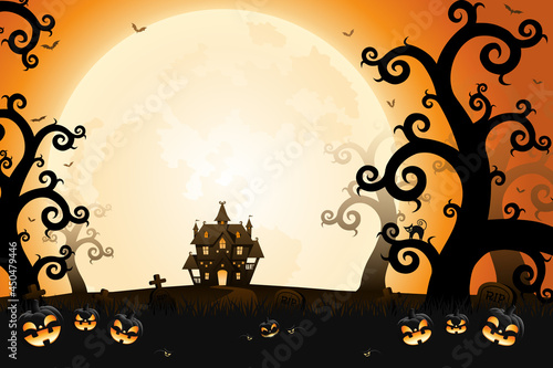 Halloween smiling pumpkin faces, haunted house and spooky trees with moonlight on orange background.