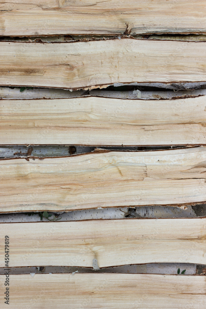 Naklejka premium Birch planks texture. Backdrop from firewood. 