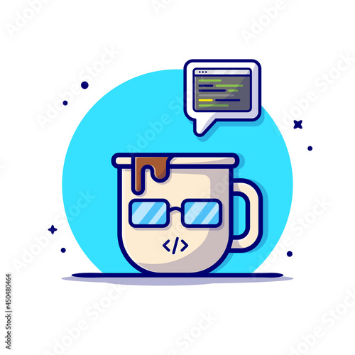 Cute Coffee With Code Cartoon Vector Icon Illustration. Technology Drink Icon Concept Isolated Premium Vector. Flat Cartoon Style