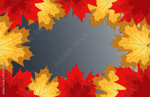 Red  yellow and orange maple leaves are located around perimeter of image. Ready-made layout for poster  ads  postcards. Flat autumn border