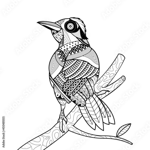 Hand drawn bird adult coloring page vector.