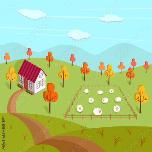 Autumn landscape of a farm, a house and a pasture with sheep. Vector illustration of a village.