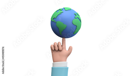 Fototapeta Naklejka Na Ścianę i Meble -  Cartoon style hand holding a planet earth. Earth day concept. 3D Render