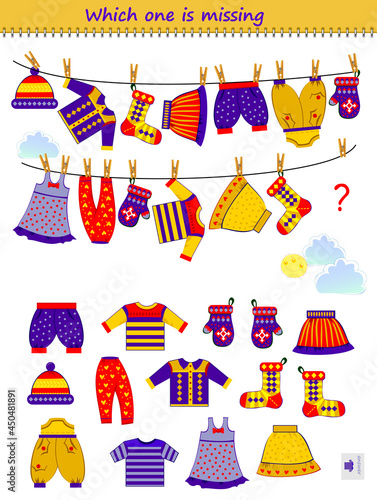 Logic puzzle game for children and adults. Which one of the clothes is missing? Find the lost dress. Printable page for kids brain teaser book. IQ test. Play online. Vector illustration.